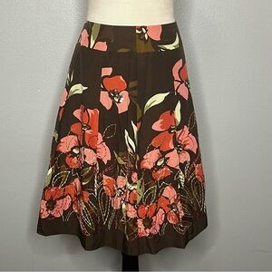 Talbots Skirt Women 2 Petite Brown Pink Floral Pleated Midi A Line Silk Blend